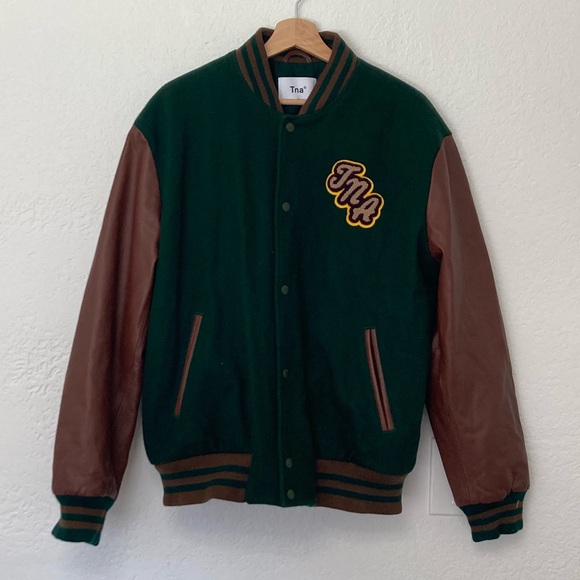 Tna Aritizia Green Varsity Bomber Jacket Genuine Leather Sleeves, Size M - Picture 3 of 8